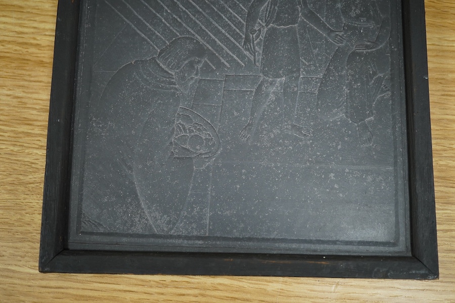 John McKenzie (1897-1972), relief carved slate plaque, ‘Inheritance’, initialled, ink inscription verso, 27cm high. Condition - good